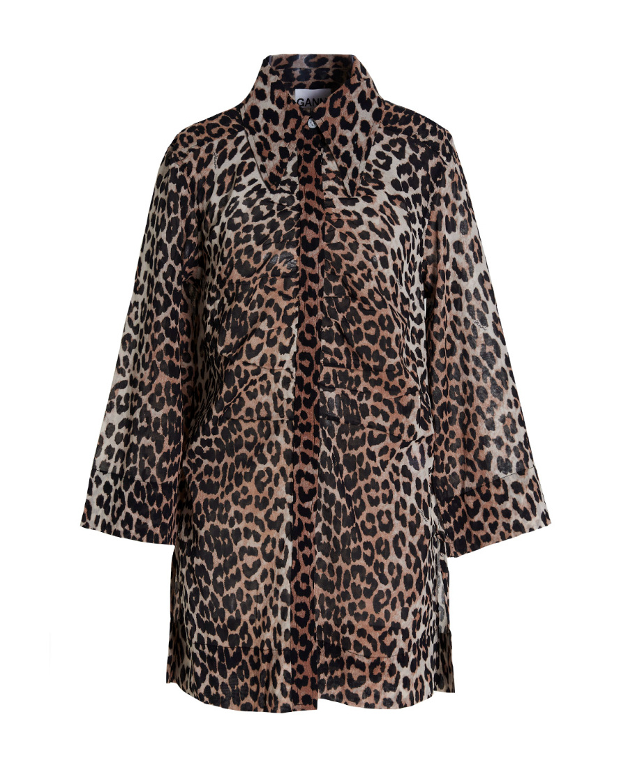 Ganni Leopard-print Organic-cotton Shirt In Black