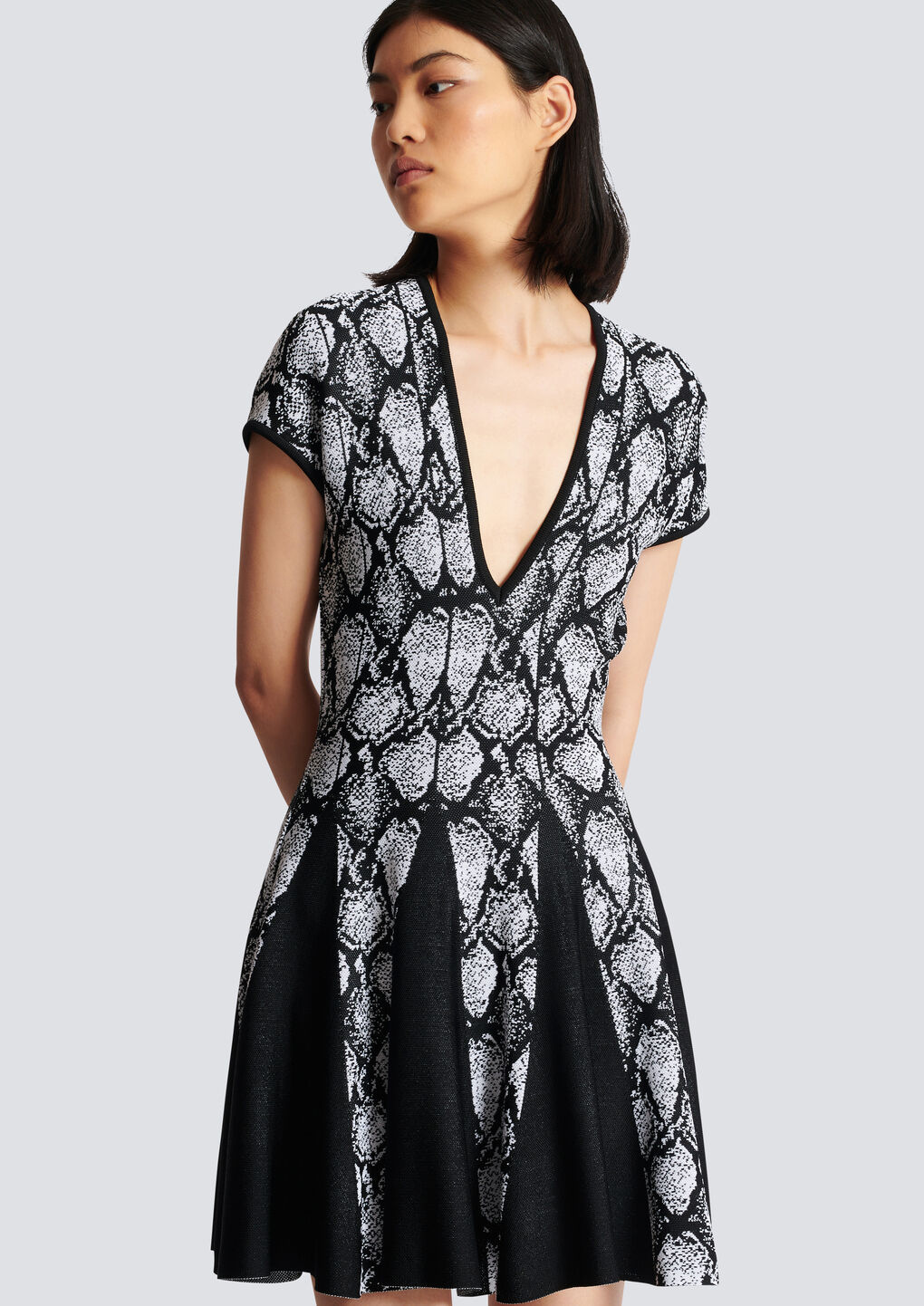 Balmain Short-sleeve Python Jacquard-knit Skater Dress In Gray
