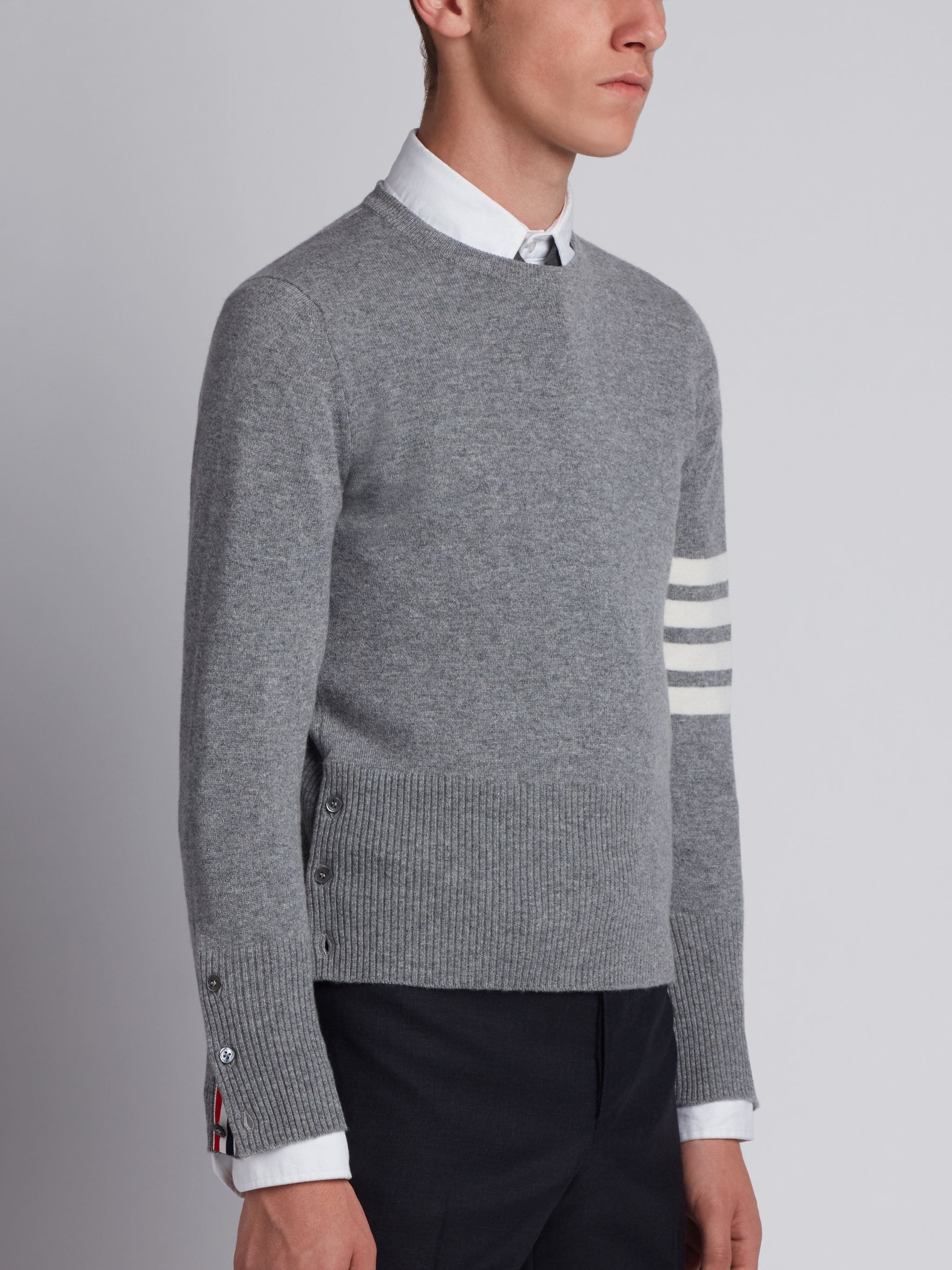 Thom Browne Crewneck Sweater With Ribbed Cuffs And Hem In Gray