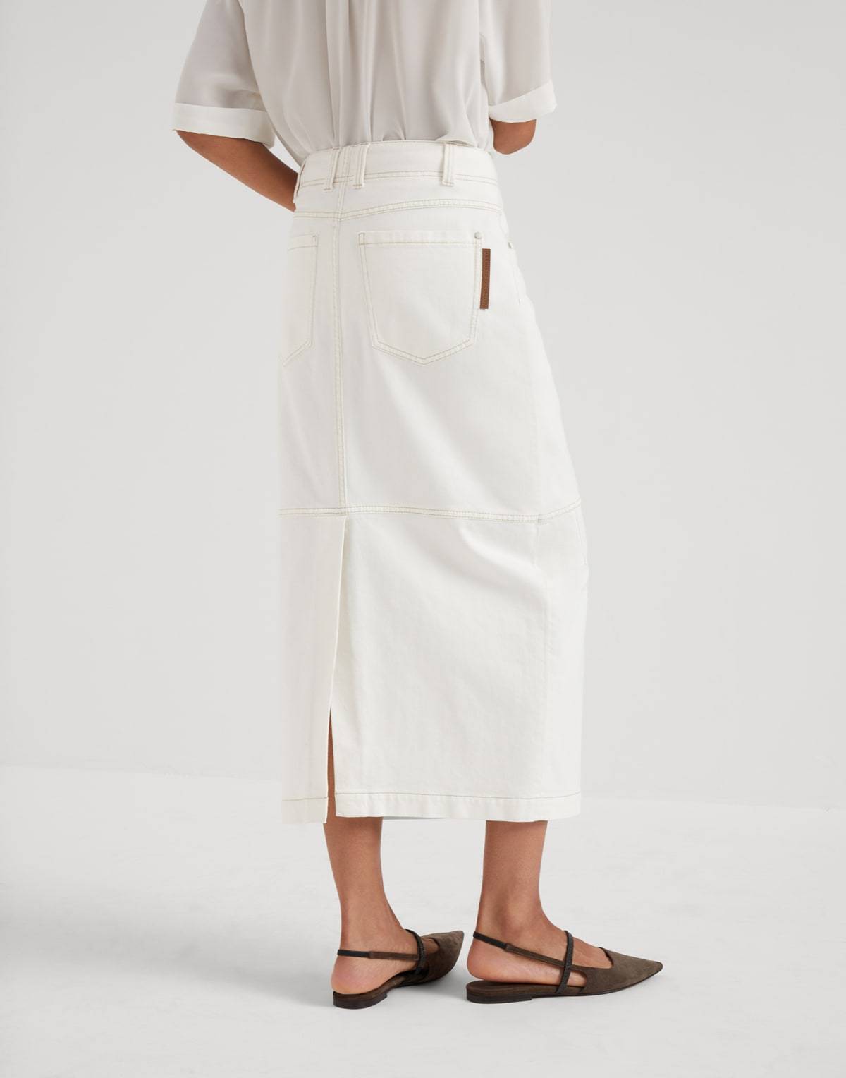 Brunello Cucinelli High-waisted Denim Midi Skirt In White