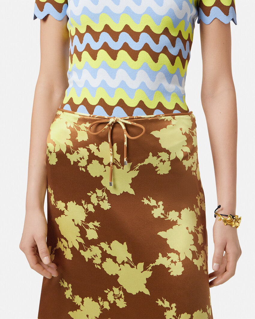 Shop Versace Wild Roses Satin Midi Skirt In Brown\yellow