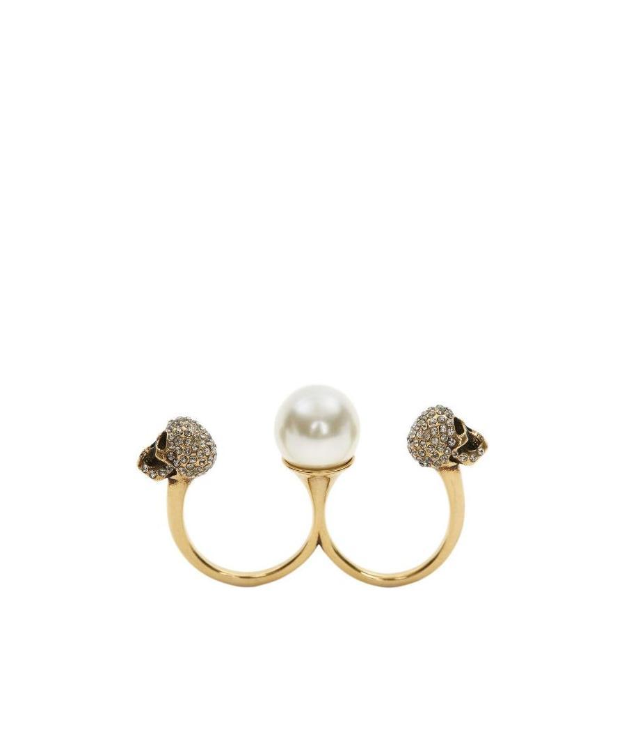 Alexander Mcqueen Gold-tone Double Ring With Crystal Embellished Skulls And Pearl In Brass In Yellow