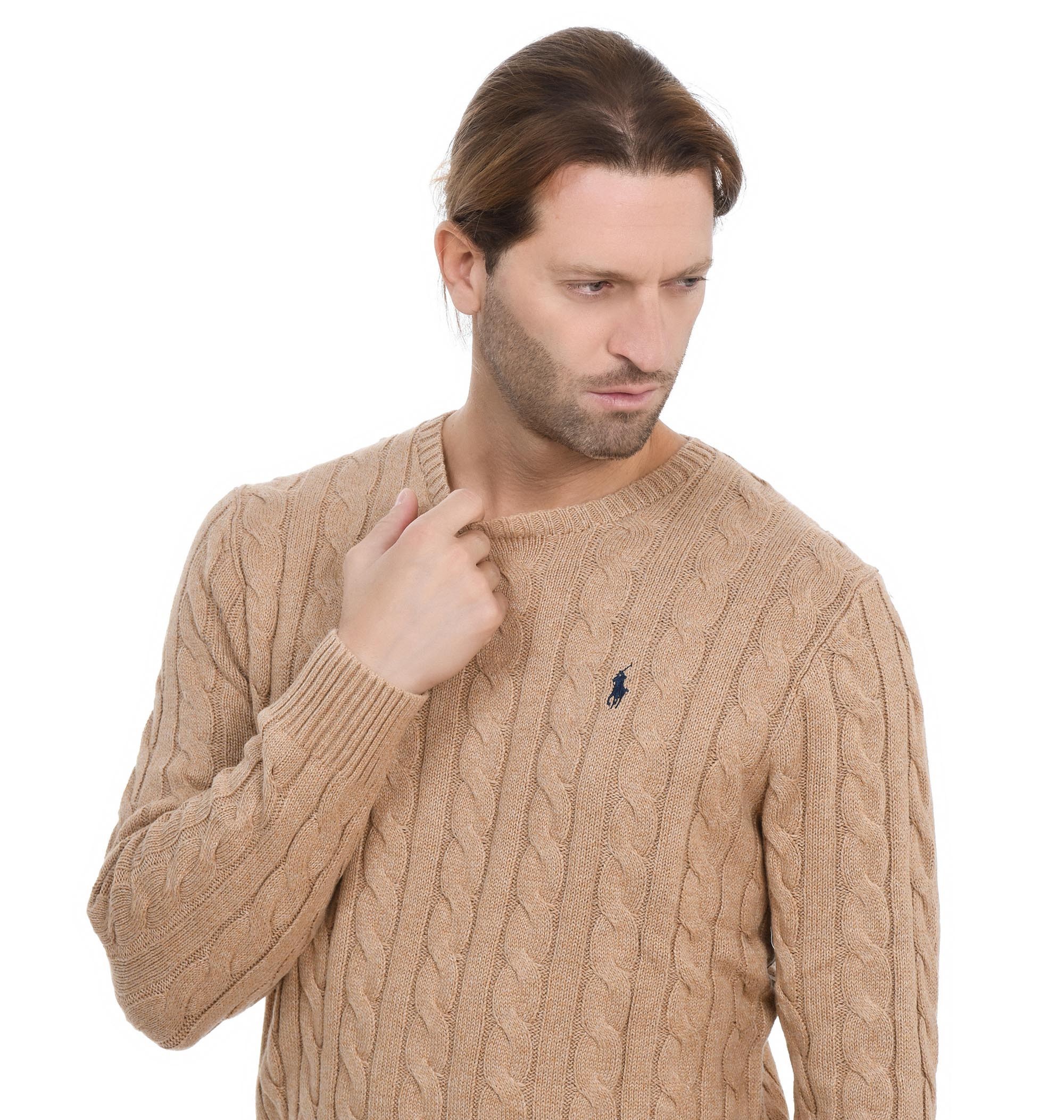 Polo Ralph Lauren Beige Cable Knit Crewneck Sweater With Pony Embroidery On The Front In Wool And Cashmere Man In Brown
