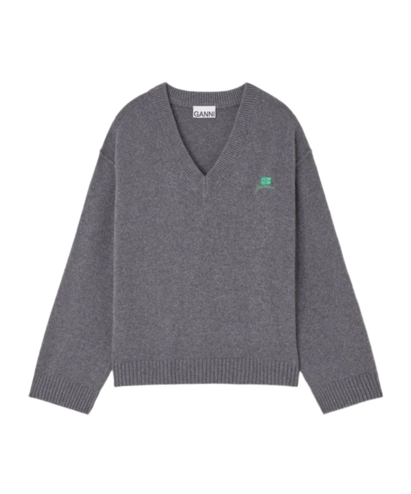 Ganni V-neck Logo Sweater In Gray