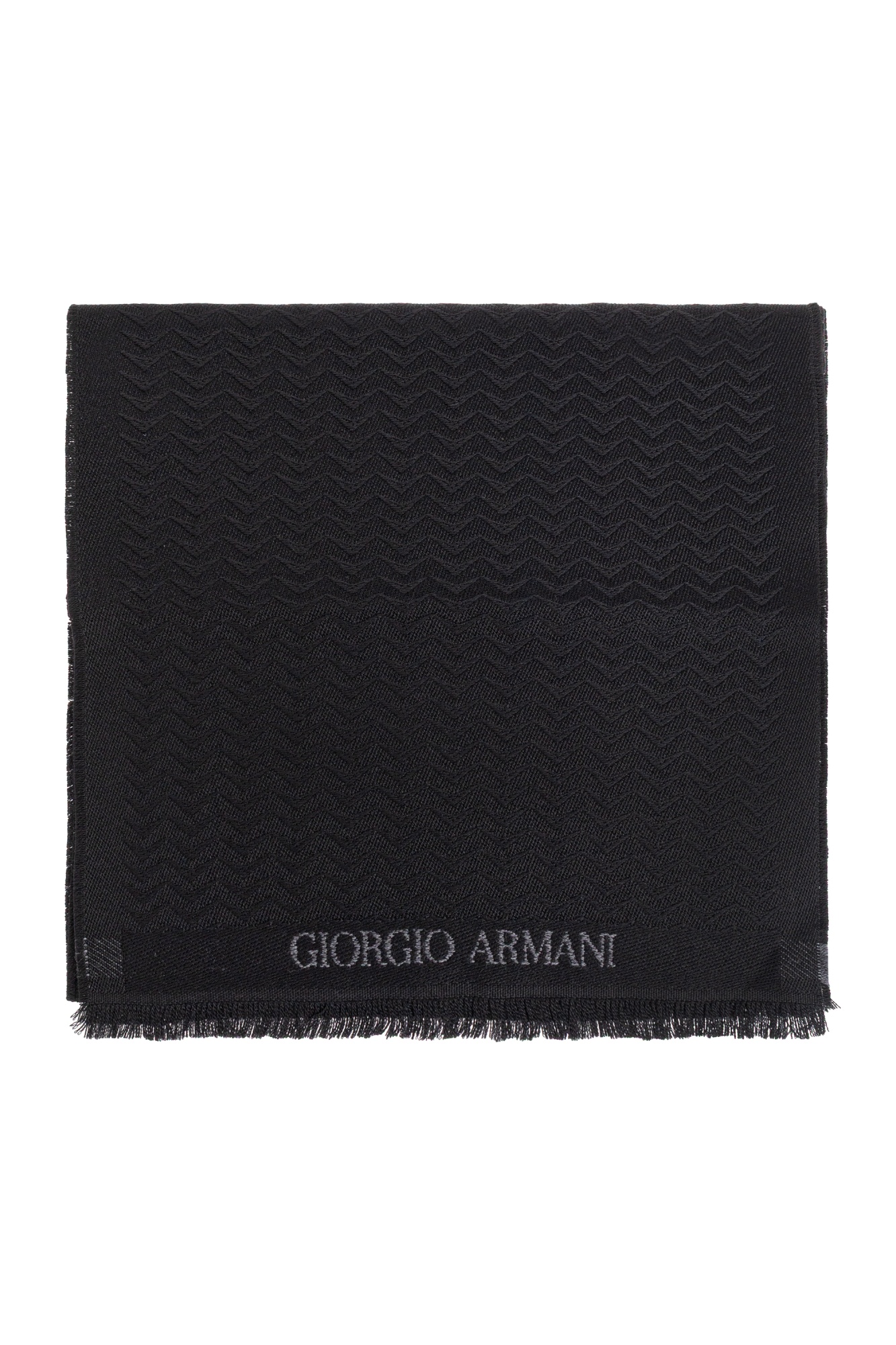 Giorgio Armani Herringbone Motif Black Scarf With Frayed Edges In Black