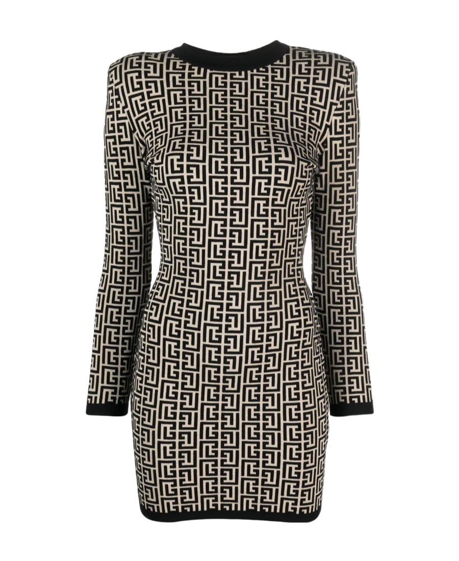 Balmain Monogram Wool-blend Knit Minidress In Black