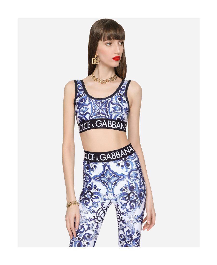 Dolce & Gabbana Multicolor Sleeveless Top With Logo Lettering On The Front And All-over Maiolica Motif In Tech Fabri In Blue