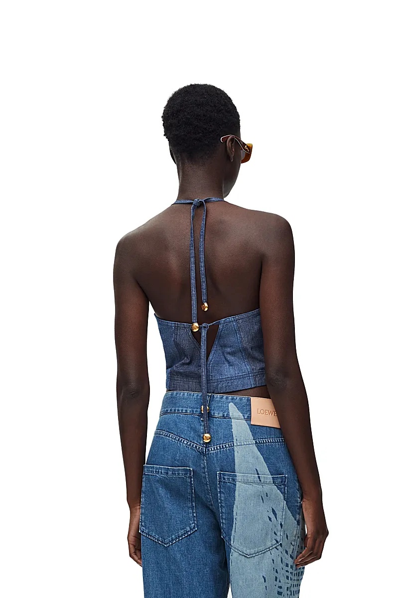 Loewe X Paula Ibiza Anagram-beaded Strappy Plunging Crop Top In Blue