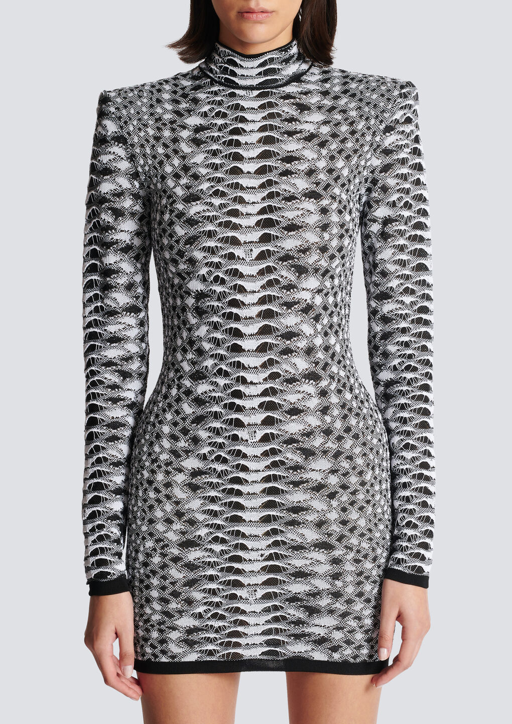 Balmain Long Sleeved Bodycon Dress With Jacquard Animalier Motif In Gray