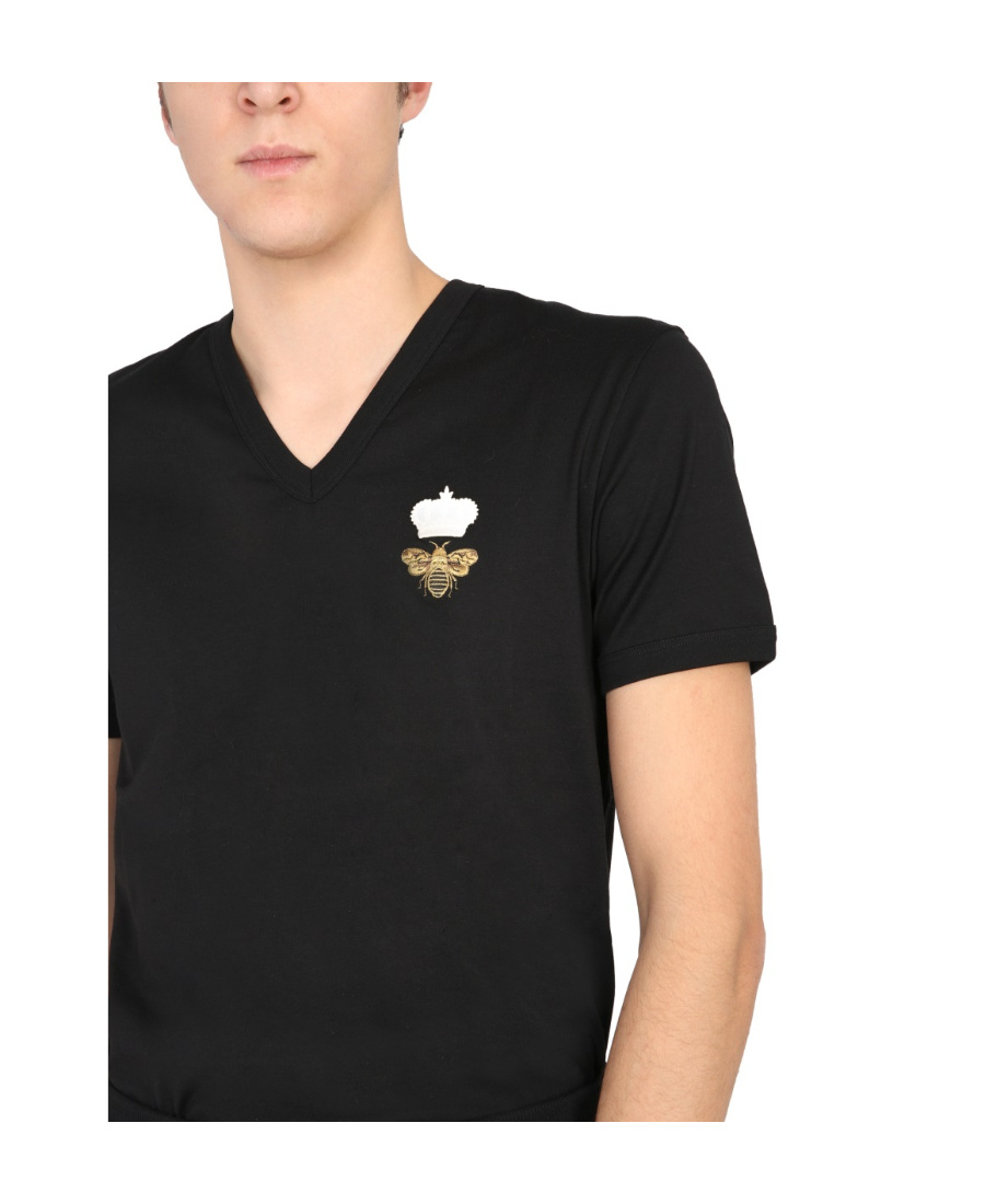 Dolce & Gabbana Crown Bee V-neck T-shirt In Black