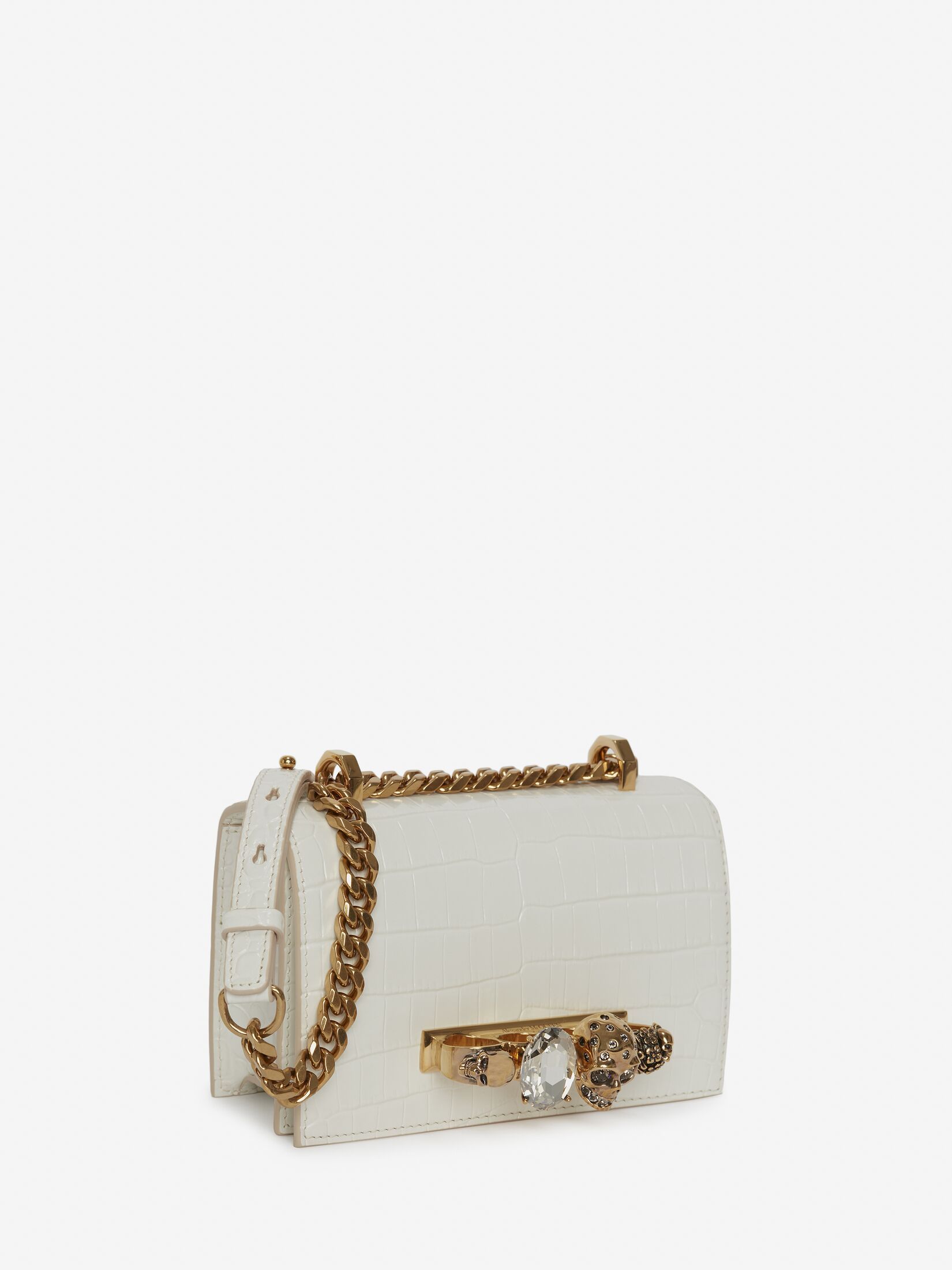 Alexander Mcqueen Mini Jeweled Croc Embossed Shoulder Bag In White