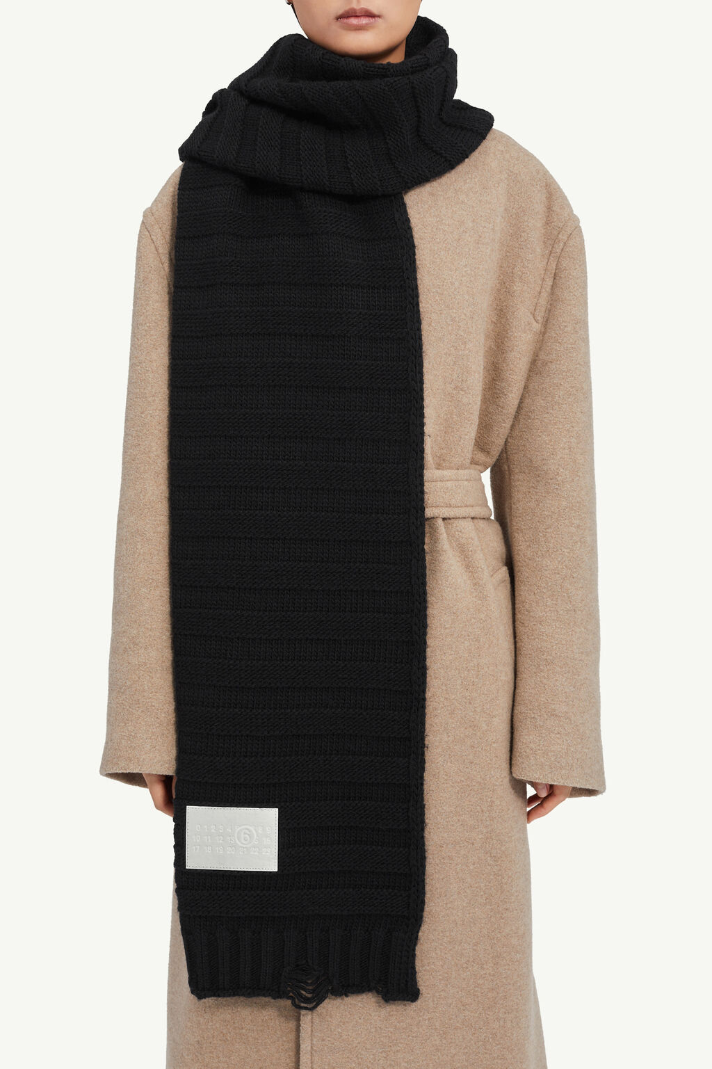 Mm6 Maison Margiela Mm6 By Maison Margiela Textured Ribbed Black Wool Scarf With Fringe In Black