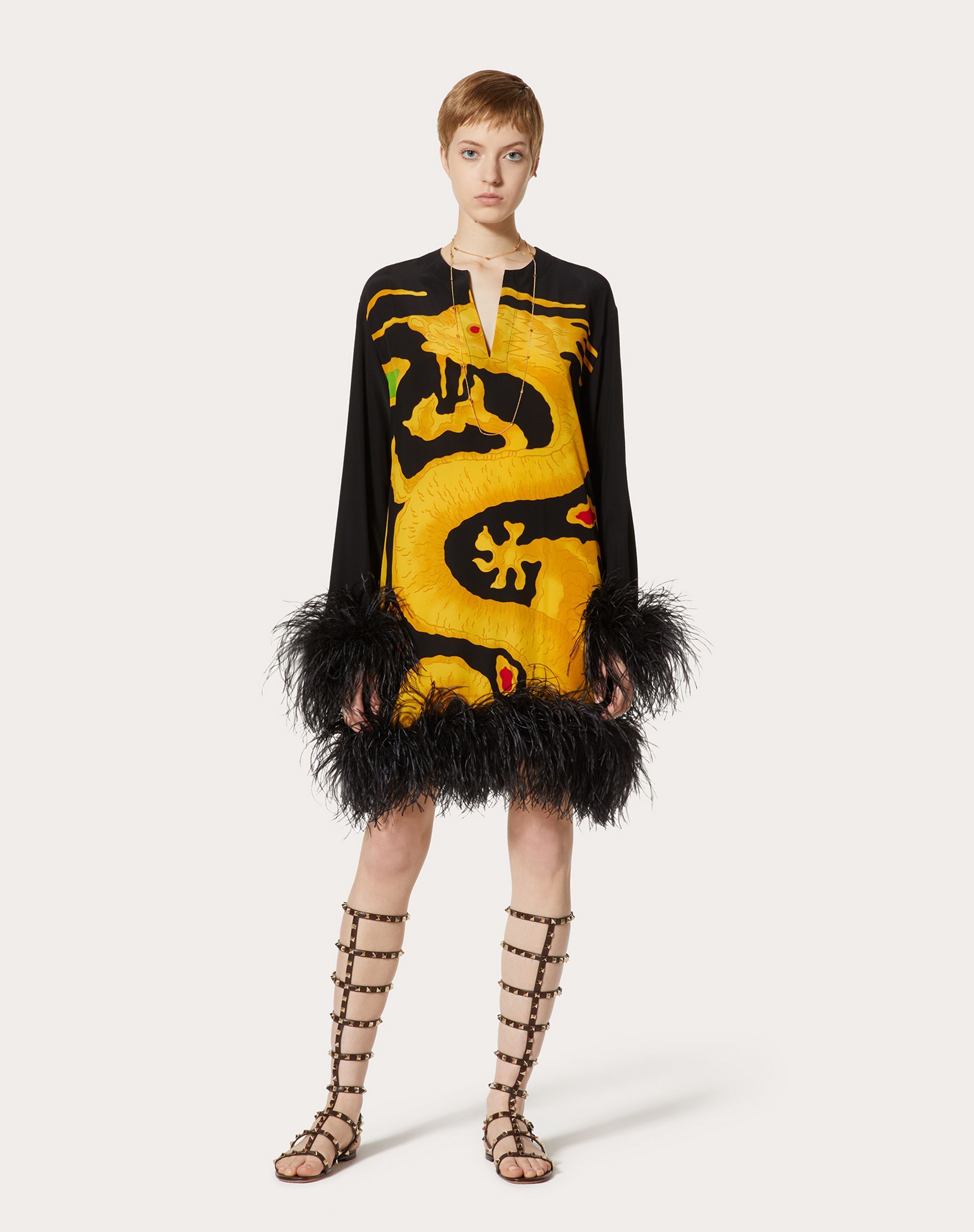 Valentino Dragon-print Feather-trim Silk Dress In Brown