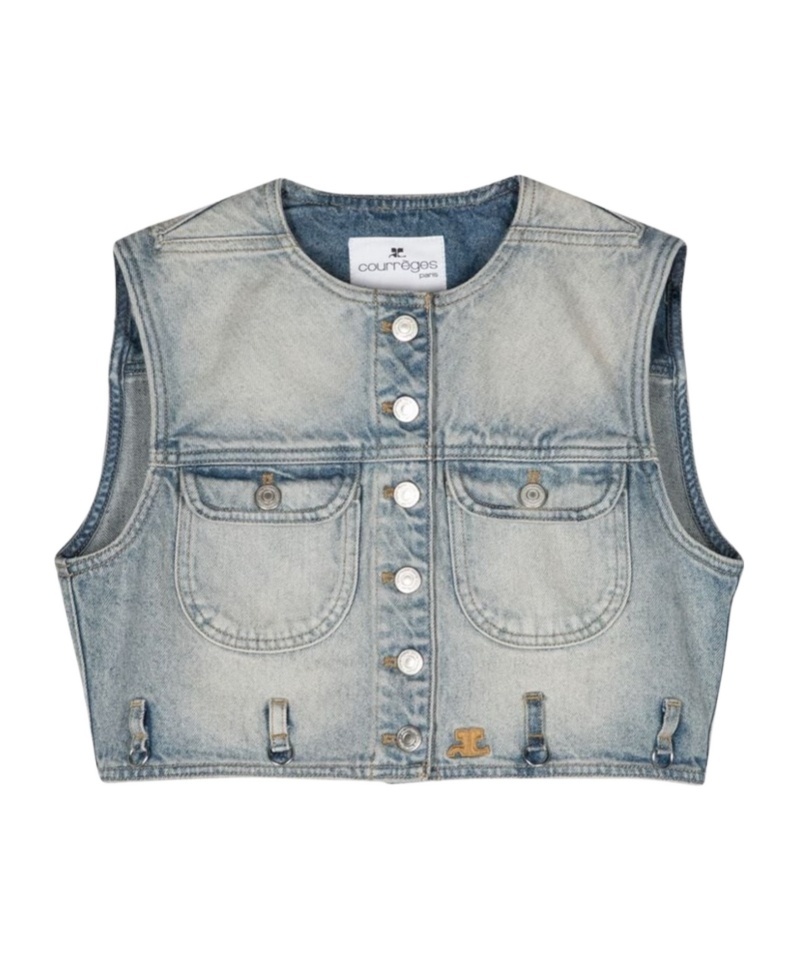 Shop Courrèges Multiflex Cropped Denim Vest In Blue
