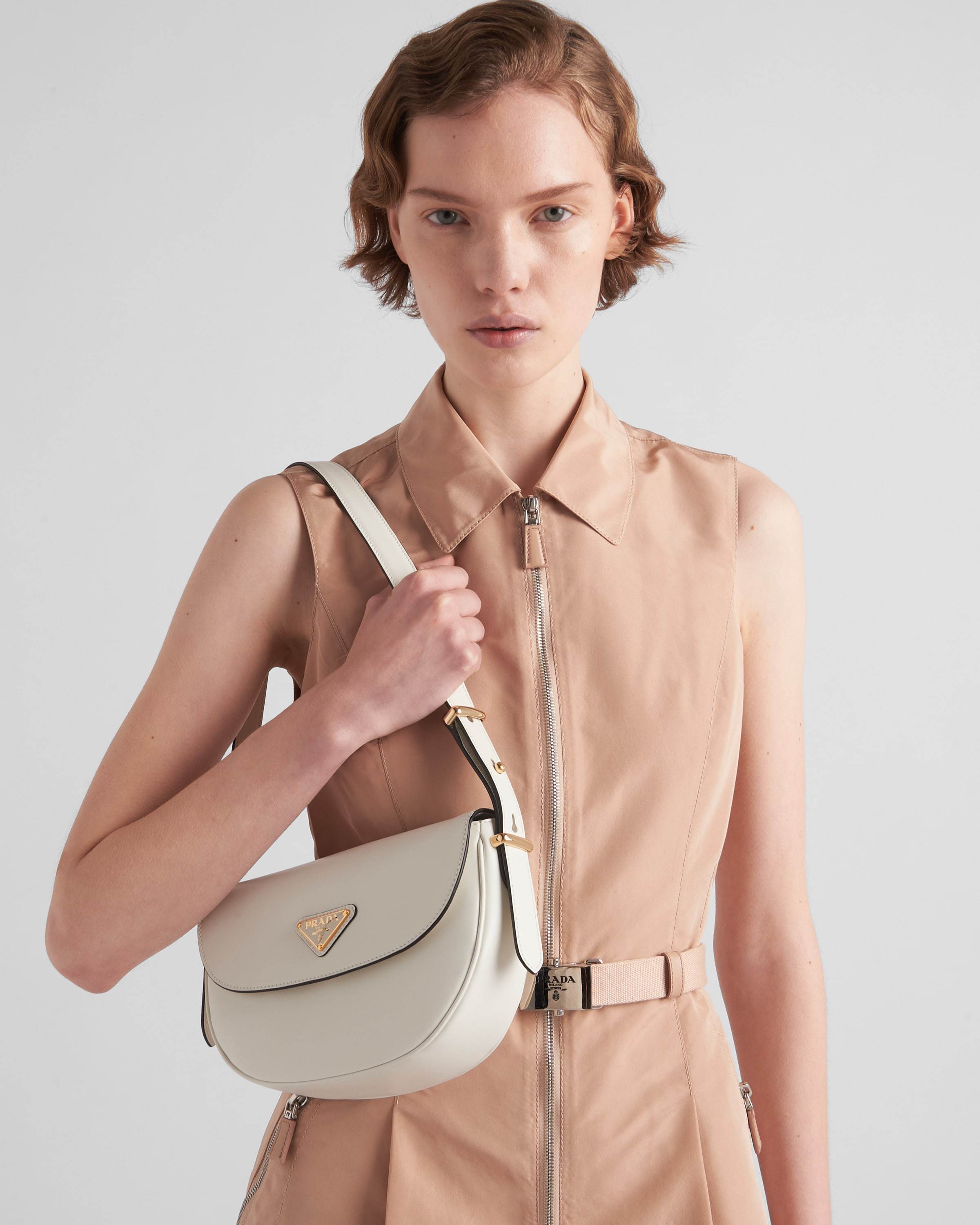 Prada Arqué Leather Shoulder Bag With Flap In White