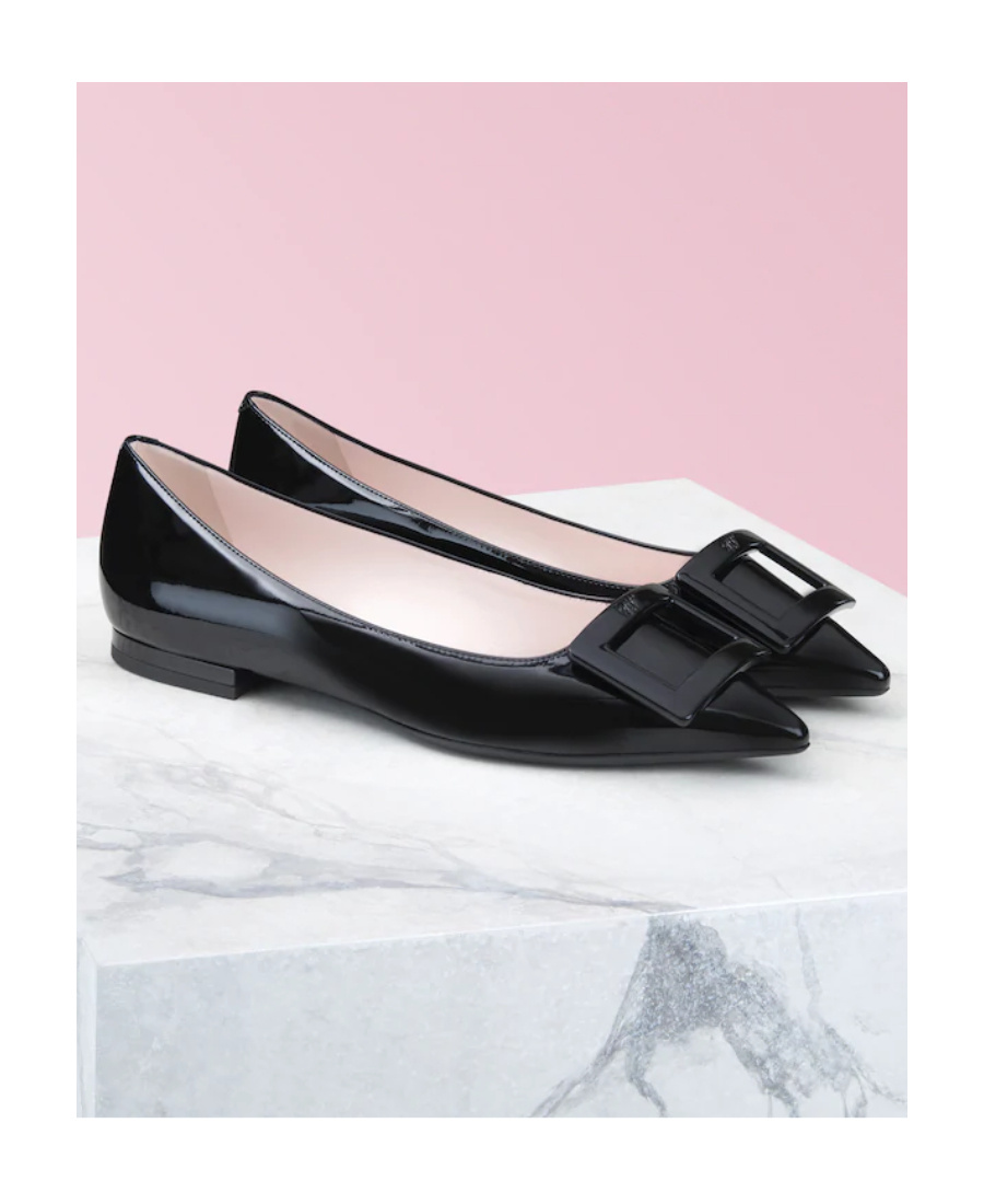 Roger Vivier Gommettine Buckled Glossed Crinkled-leather Ballet Flats In Black