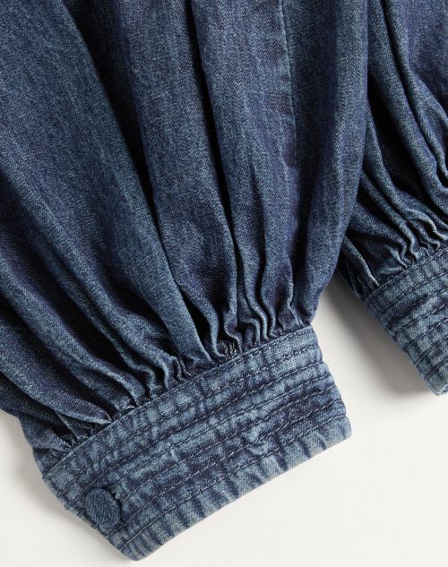 Valentino Tasseled Embroidered Chambray Tapered Pants In Blue