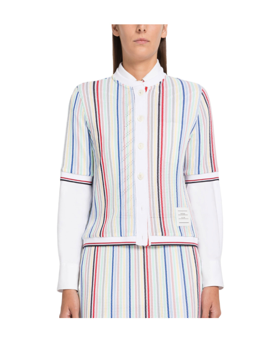 Thom Browne Striped Short-sleeve Knitted Cardigan In White