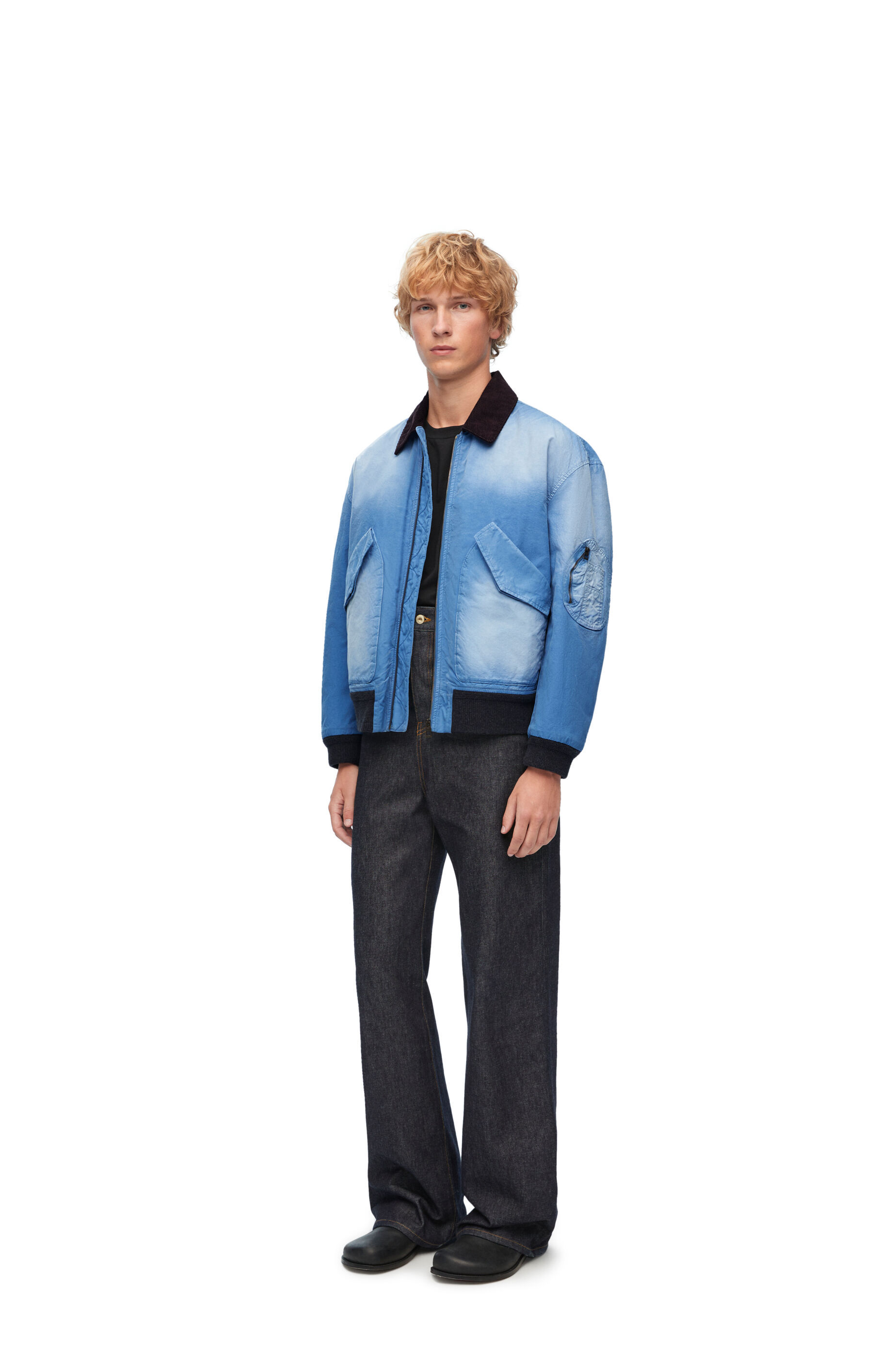 Loewe Blue Washed Effect Zipped Cotton Bomber Jacket In Blue