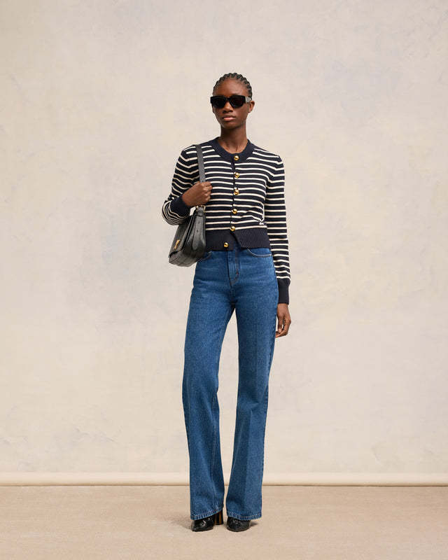 Ami Alexandre Mattiussi Ami Cropped Blue Cardigan With Striped Pattern In Black