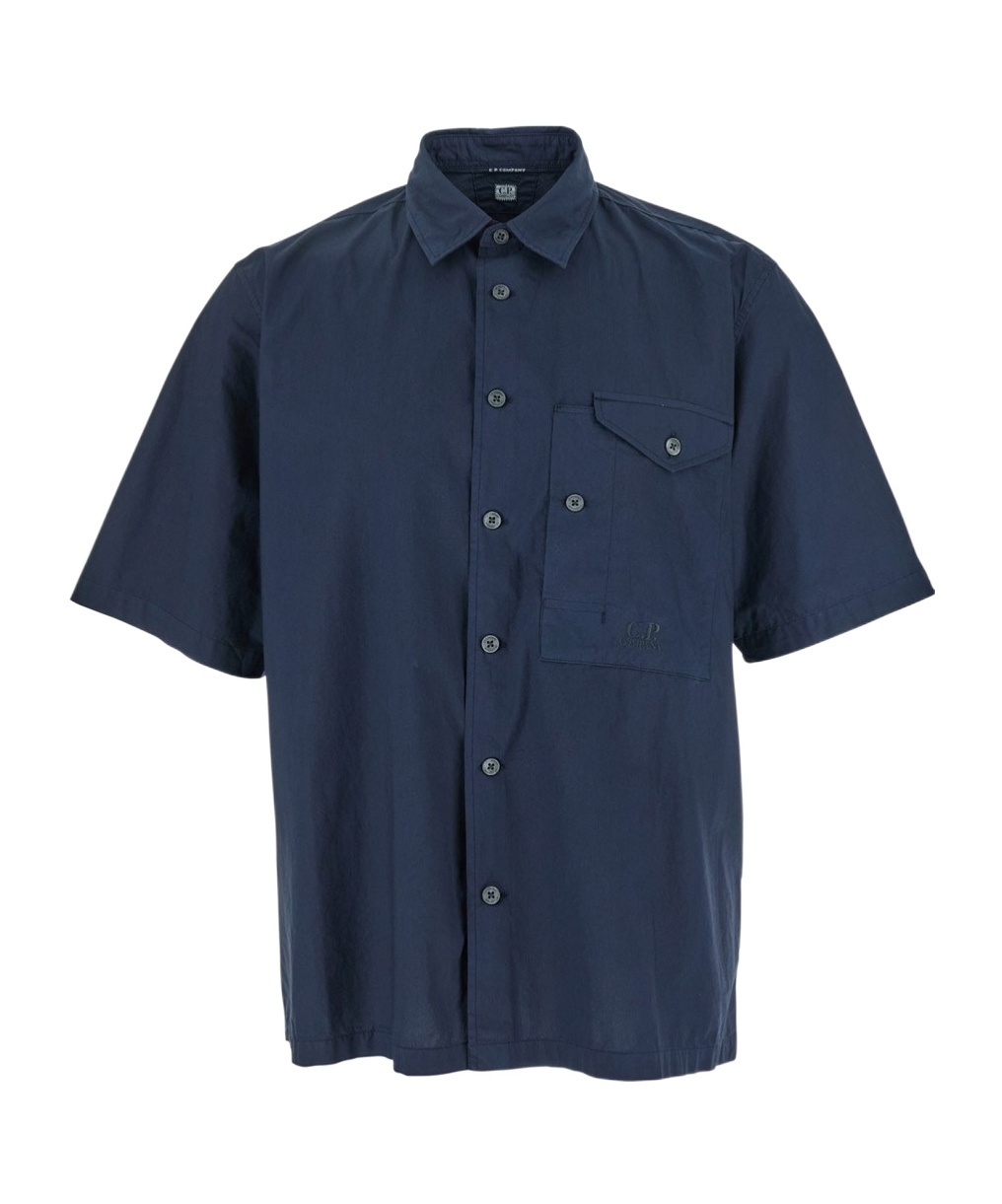 C.p. Company Blue Shirt With Classic Collar And Logo Lettering Embroidery On The Front In Blue