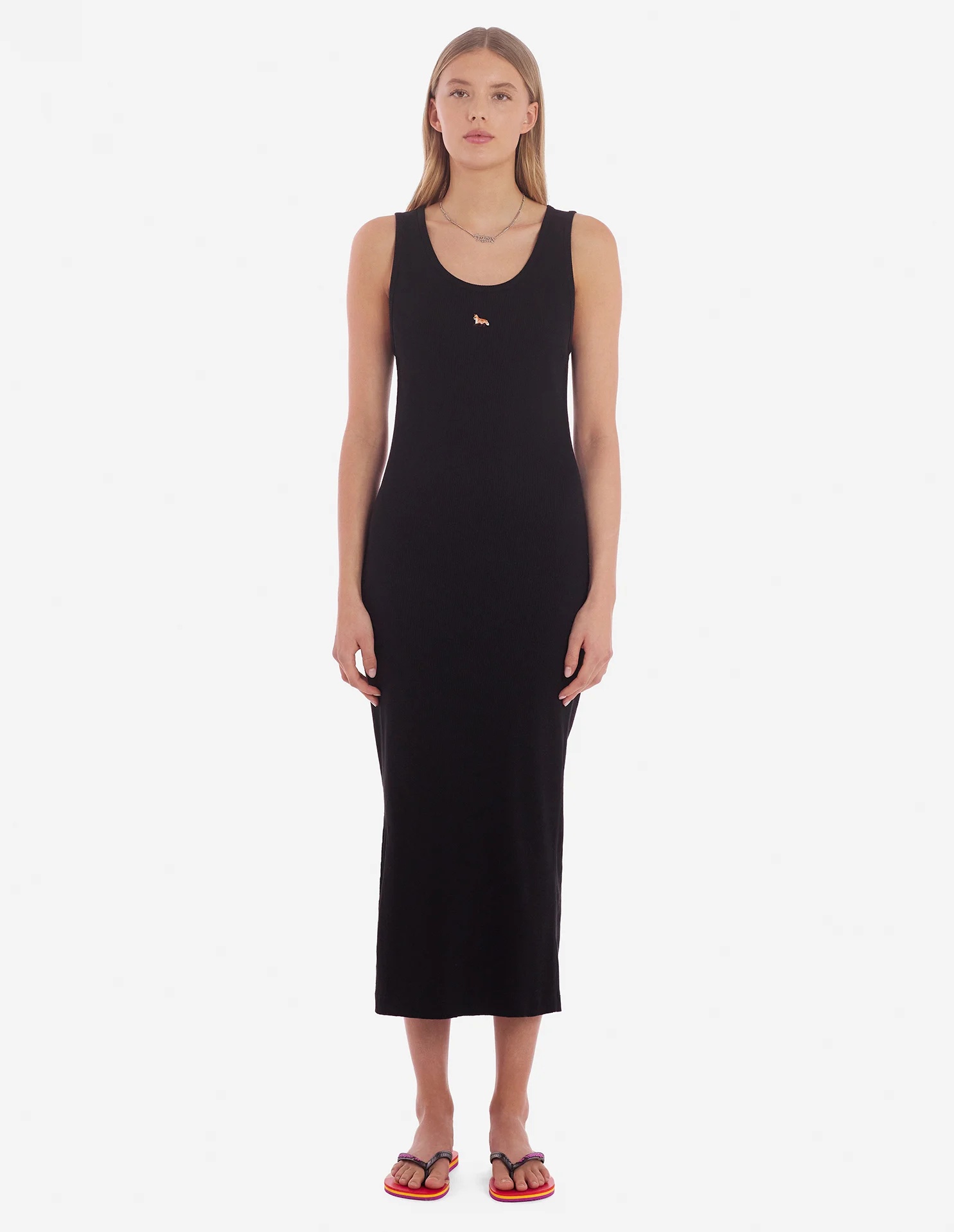 Maison Kitsuné Black Baby Fox Ribbed Tank Midi Dress In Black