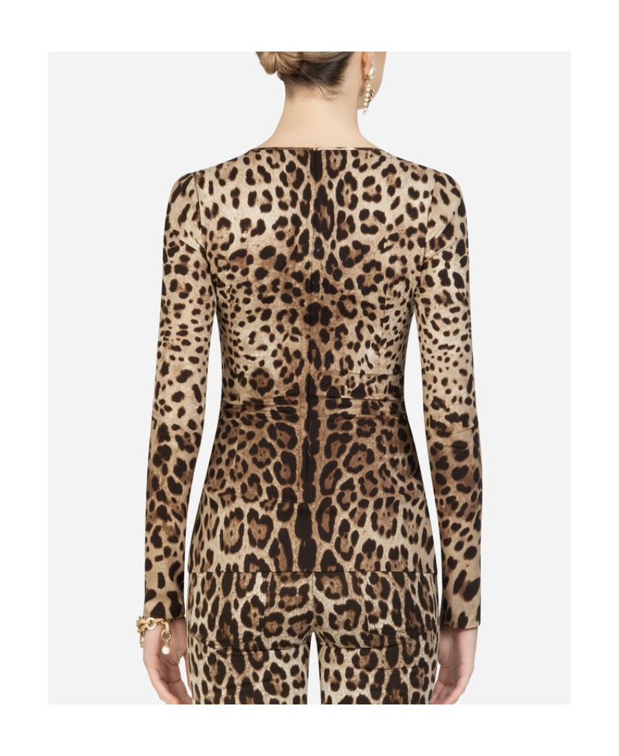 Dolce & Gabbana Leopard Print Silk Blend Long Sleeve Top In Brown
