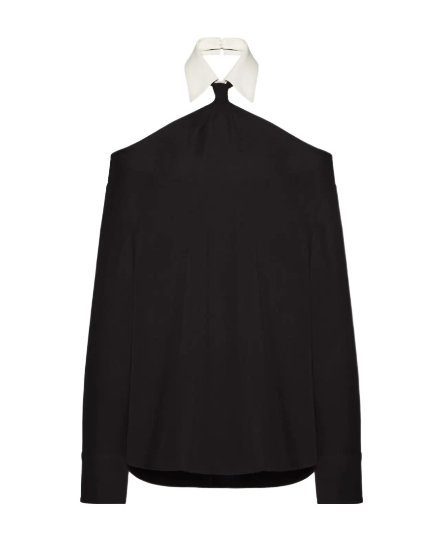 Valentino Contrast-collar Silk Blouse In Black
