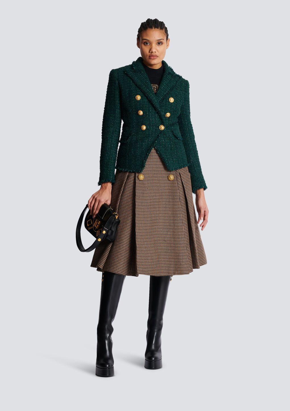 Balmain Tweed Double-breasted Blazer Jacket In Green