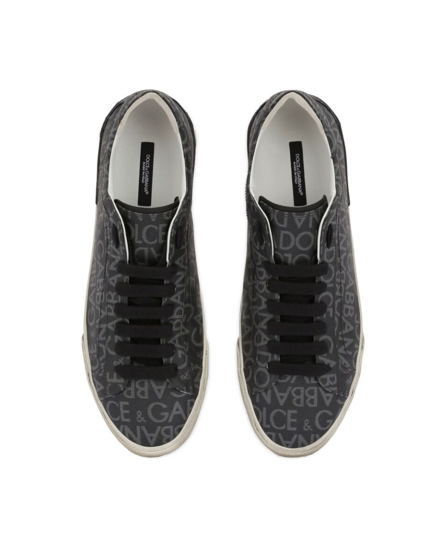 Dolce & Gabbana Leather And Fabric Low-top Sneakers With All-over Motif In Black
