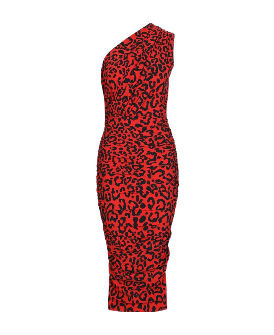 Dolce & Gabbana Leopard-print Ruched One-shoulder Midi Dress In Red