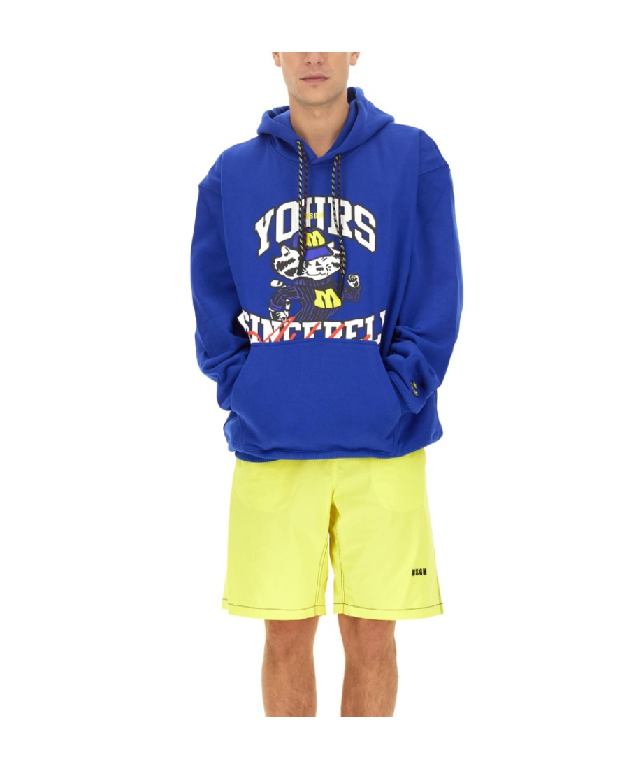 Msgm Graphic Print Hooded Sweatshirt With Kangaroo Pocket In Blue