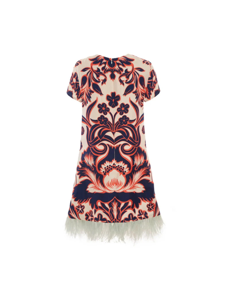 La Doublej Floral-print Feather-trim Minidress In Brown