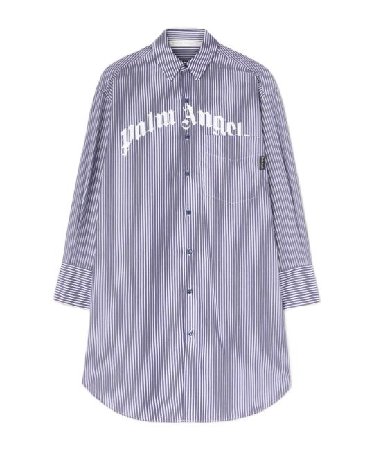 Palm Angels Striped Logo Print Midi Shirt Dress In Navy Blue - Off White