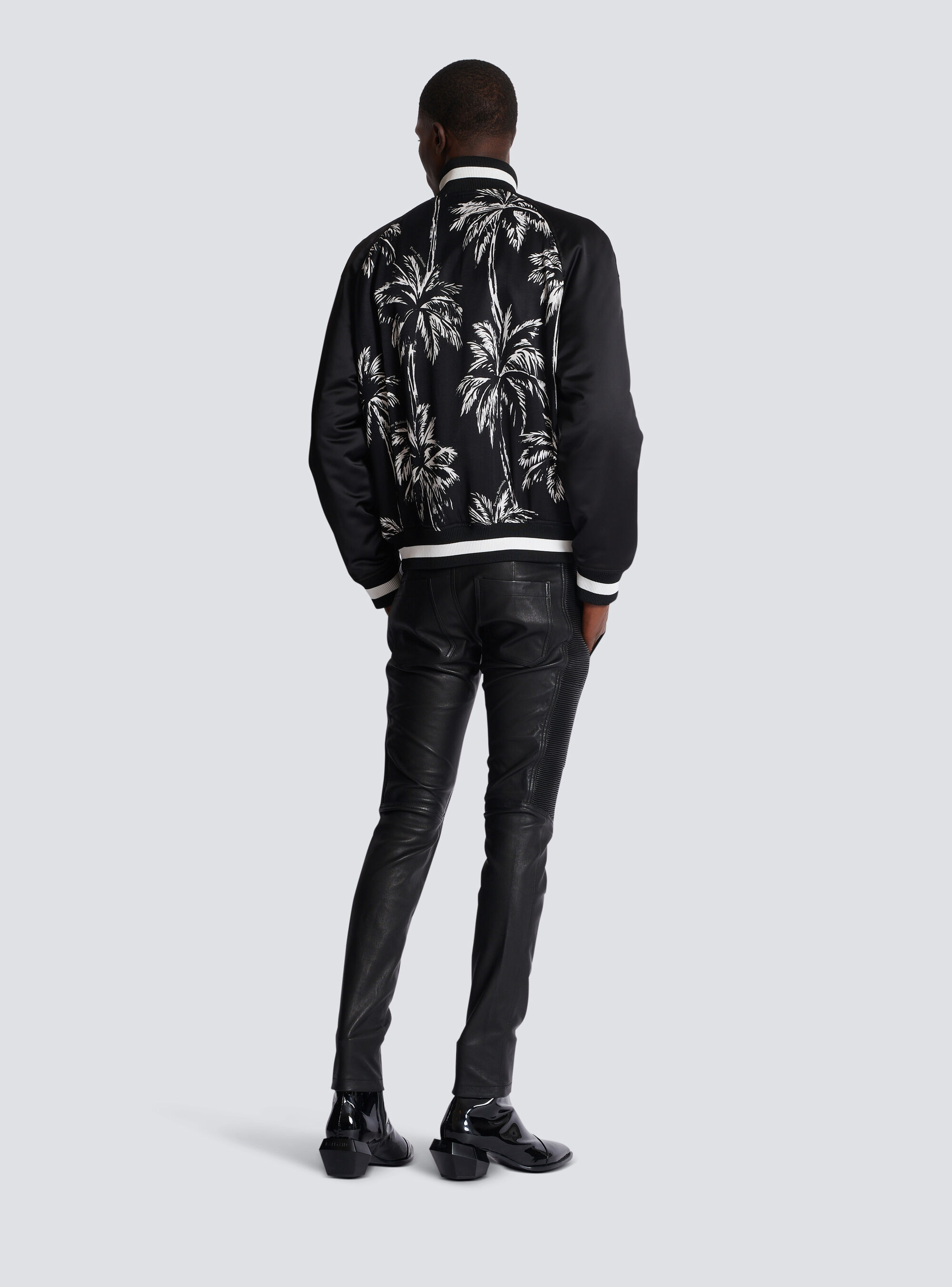 Balmain Printed Satin Palm Tree Bomber Jacket In Black