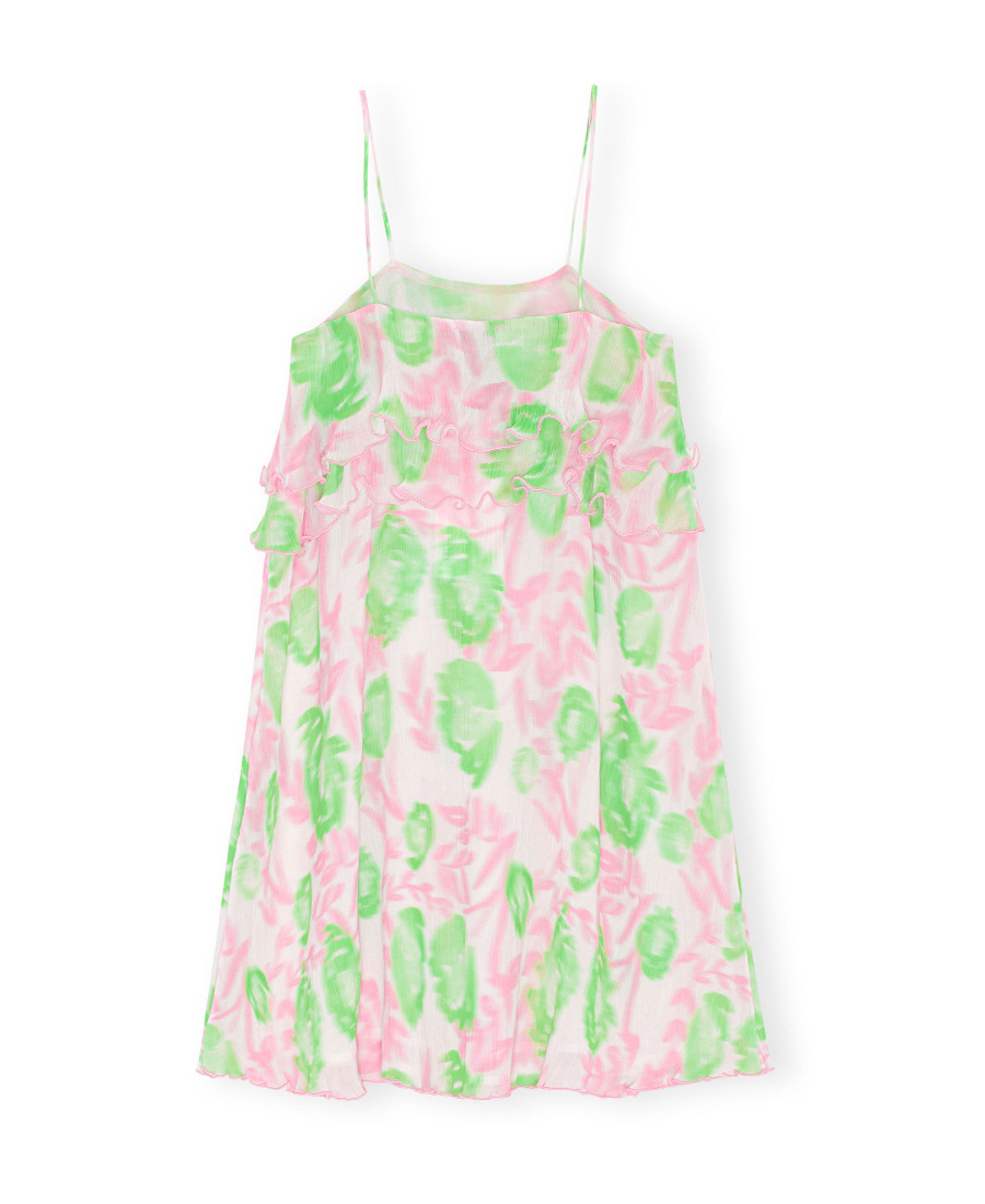 Ganni Ruffled-trim Graphic-print Dress In Pink