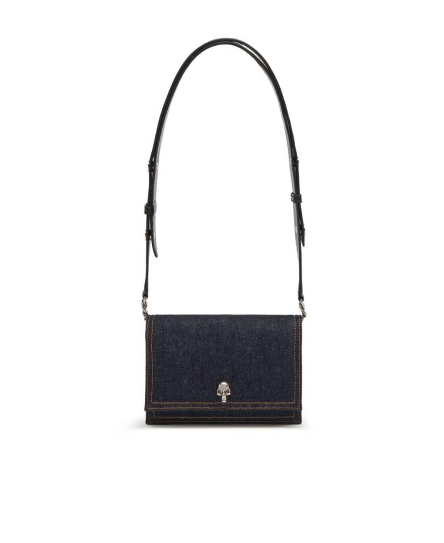 Alexander Mcqueen Small Skull Denim Shoulder Bag In Black