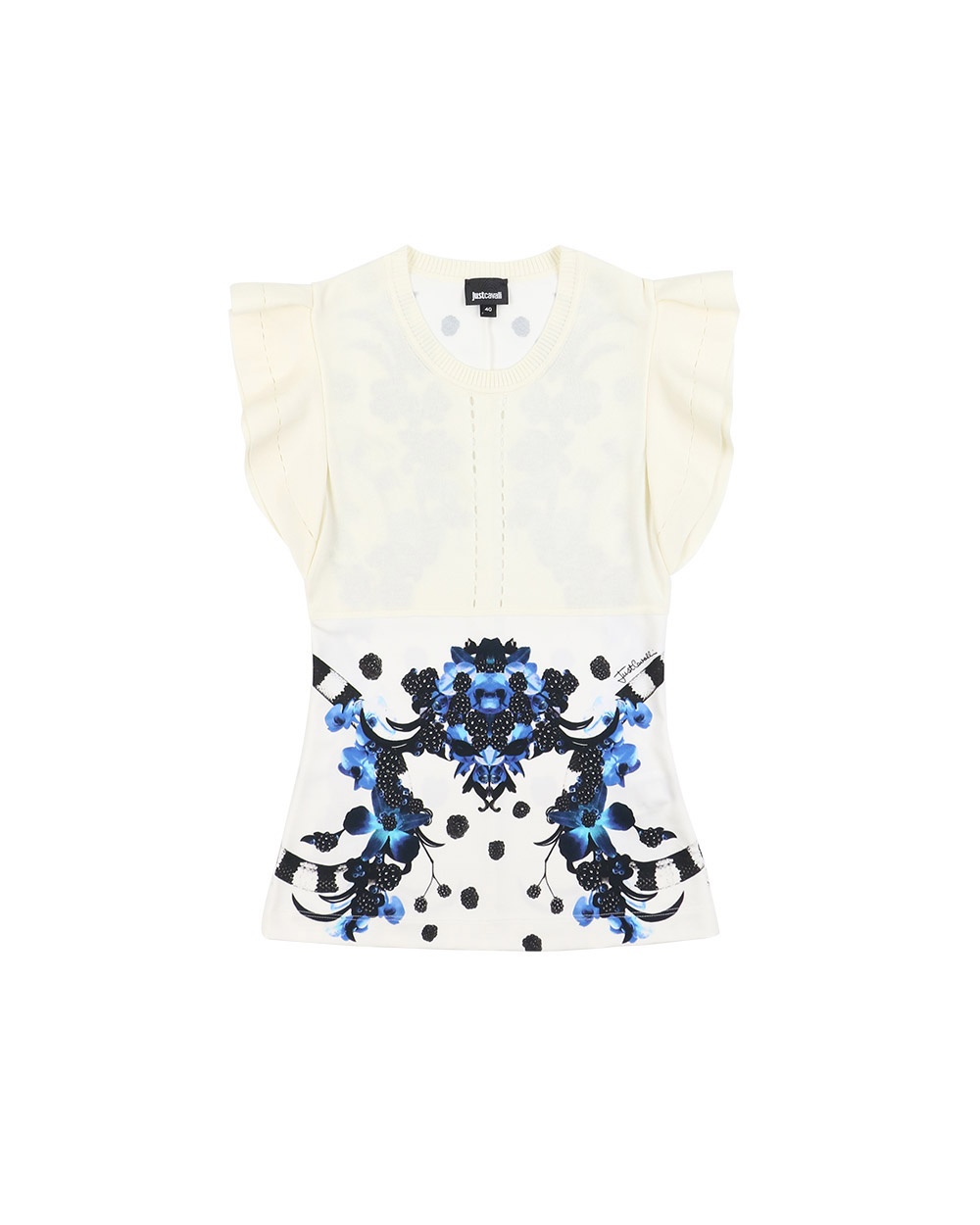 JUST CAVALLI PRINTED SHORT-SLEEVED T-SHIRT WITH LOTUS LEAF EDGE