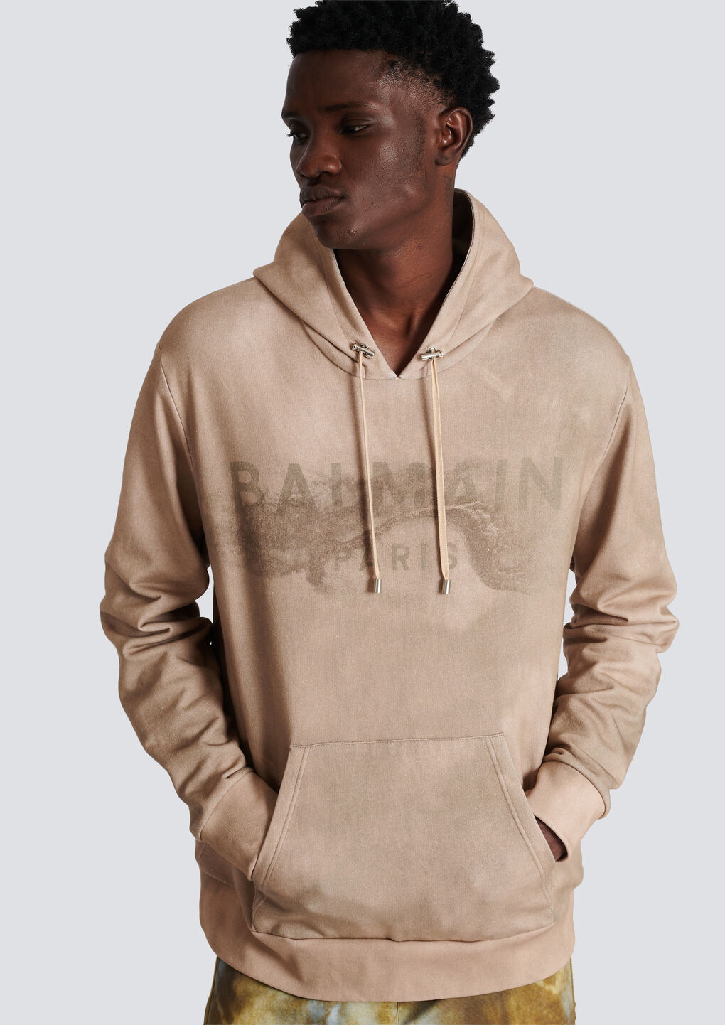 Shop Balmain Hoodie In Eco-responsible Cotton With Paris Desert Logo Print In Nude