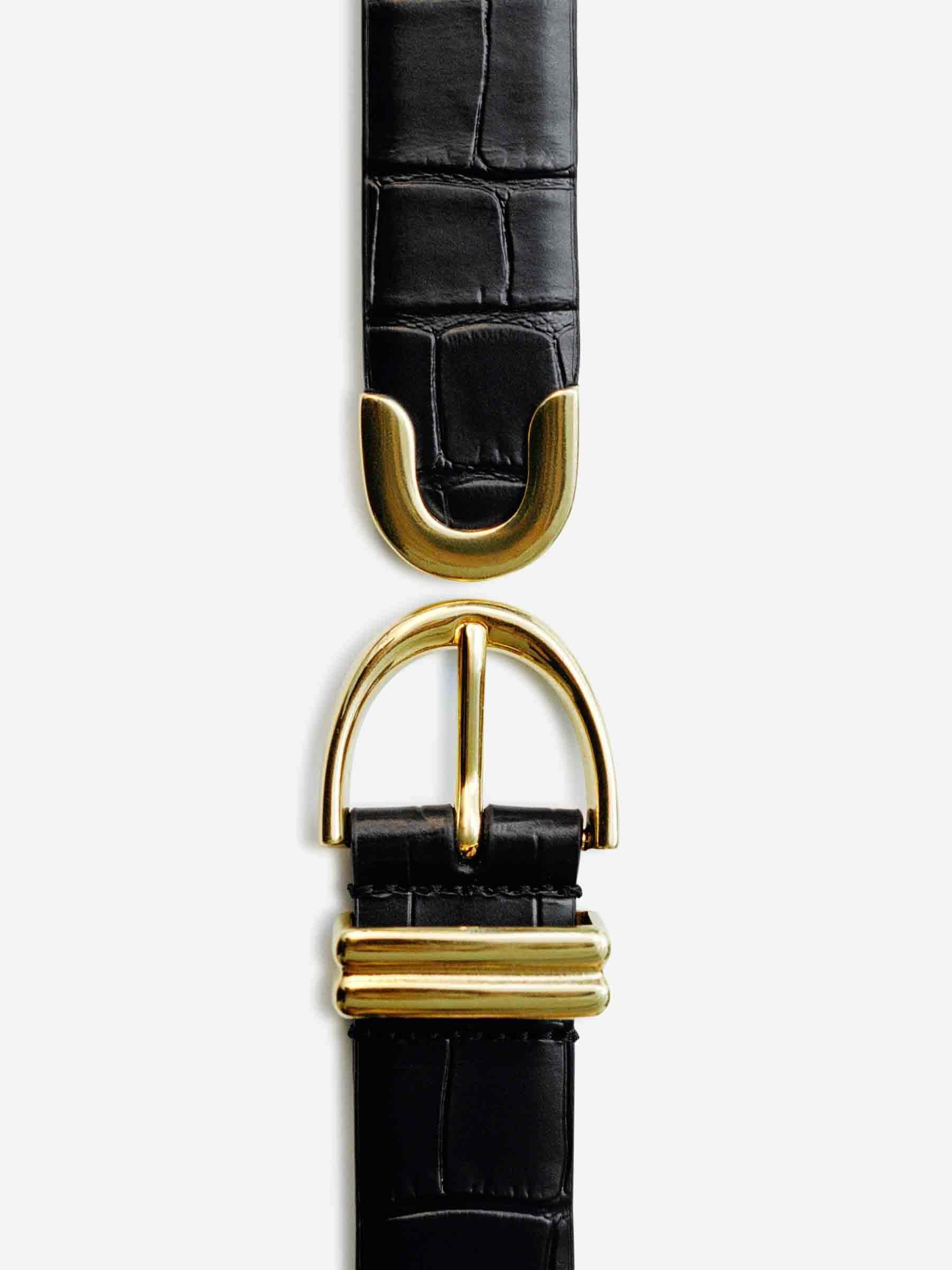 Khaite Womens Bambi Skinny Croc-embossed Leather Belt Black In Black