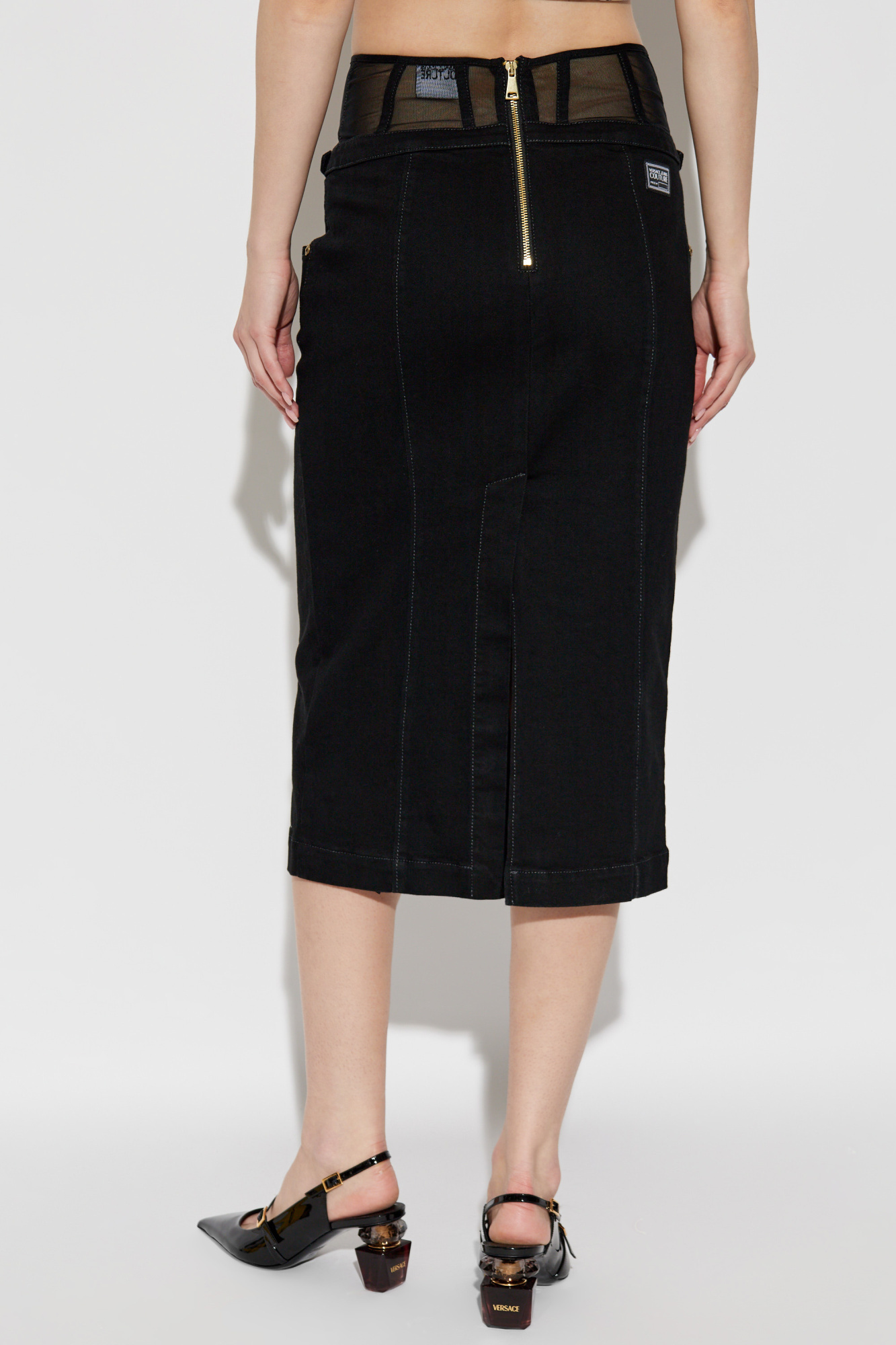 Shop Versace Jeans Back Slit Denim Skirt In Black