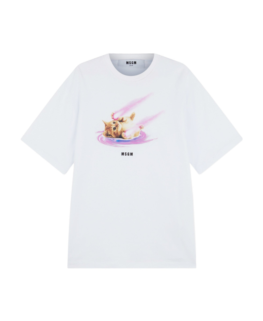 Msgm 'space Cat' Designs Cotton T-shirt With Round Neck In White