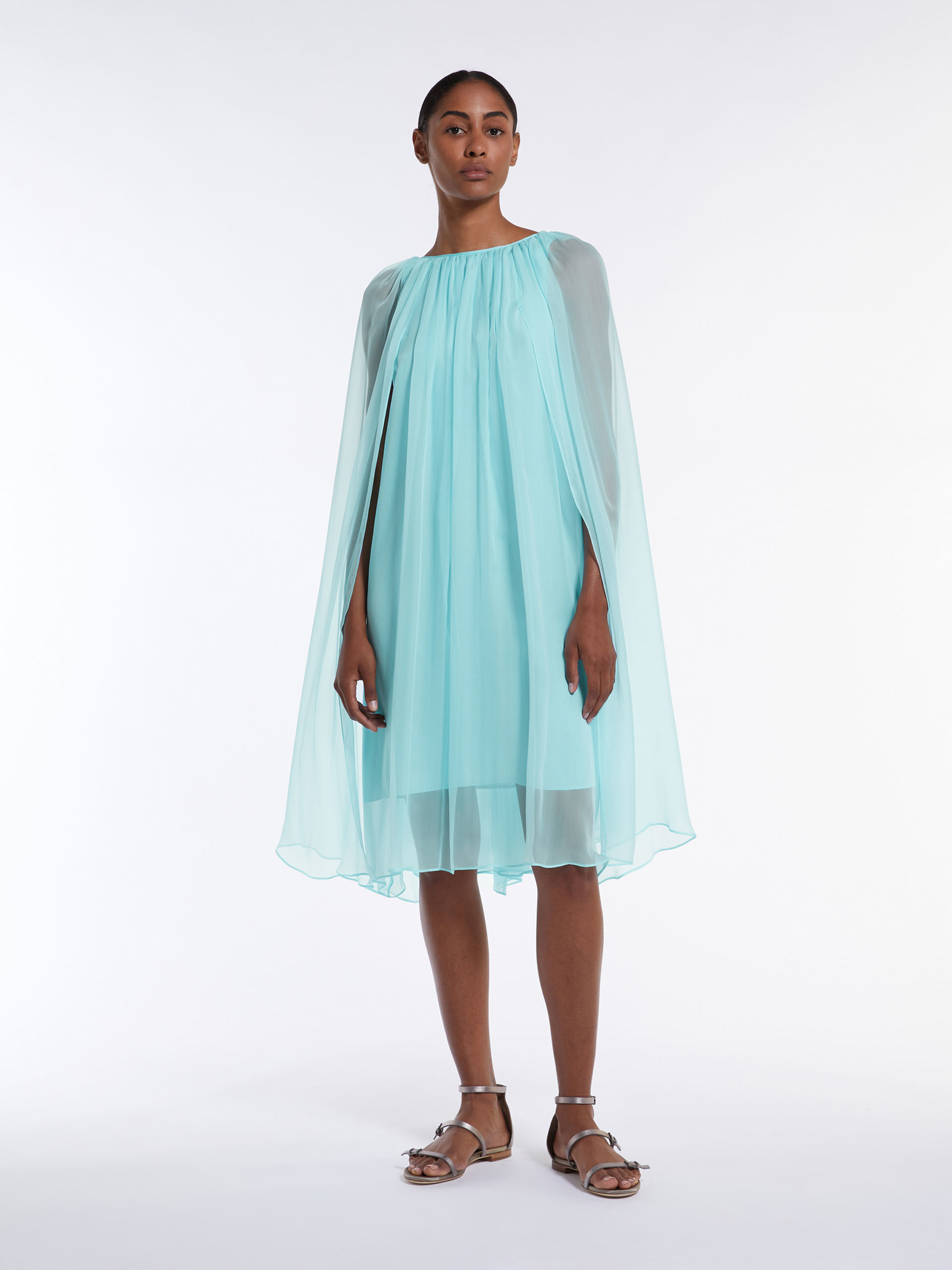 Max Mara Women Mini Light Blue Dress With Drawstring In Silk Chiffon Woman In Blue