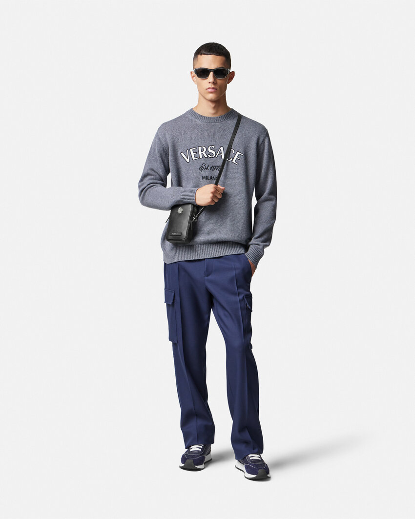 Versace Milano Stamp Embroidered Wool Jumper In Gray