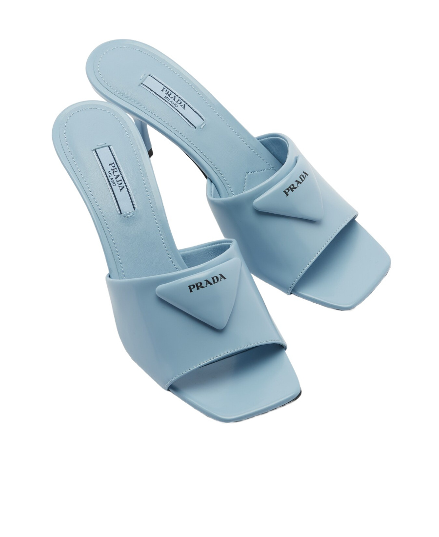 Prada Brushed Leather Heeled Slides In Blue