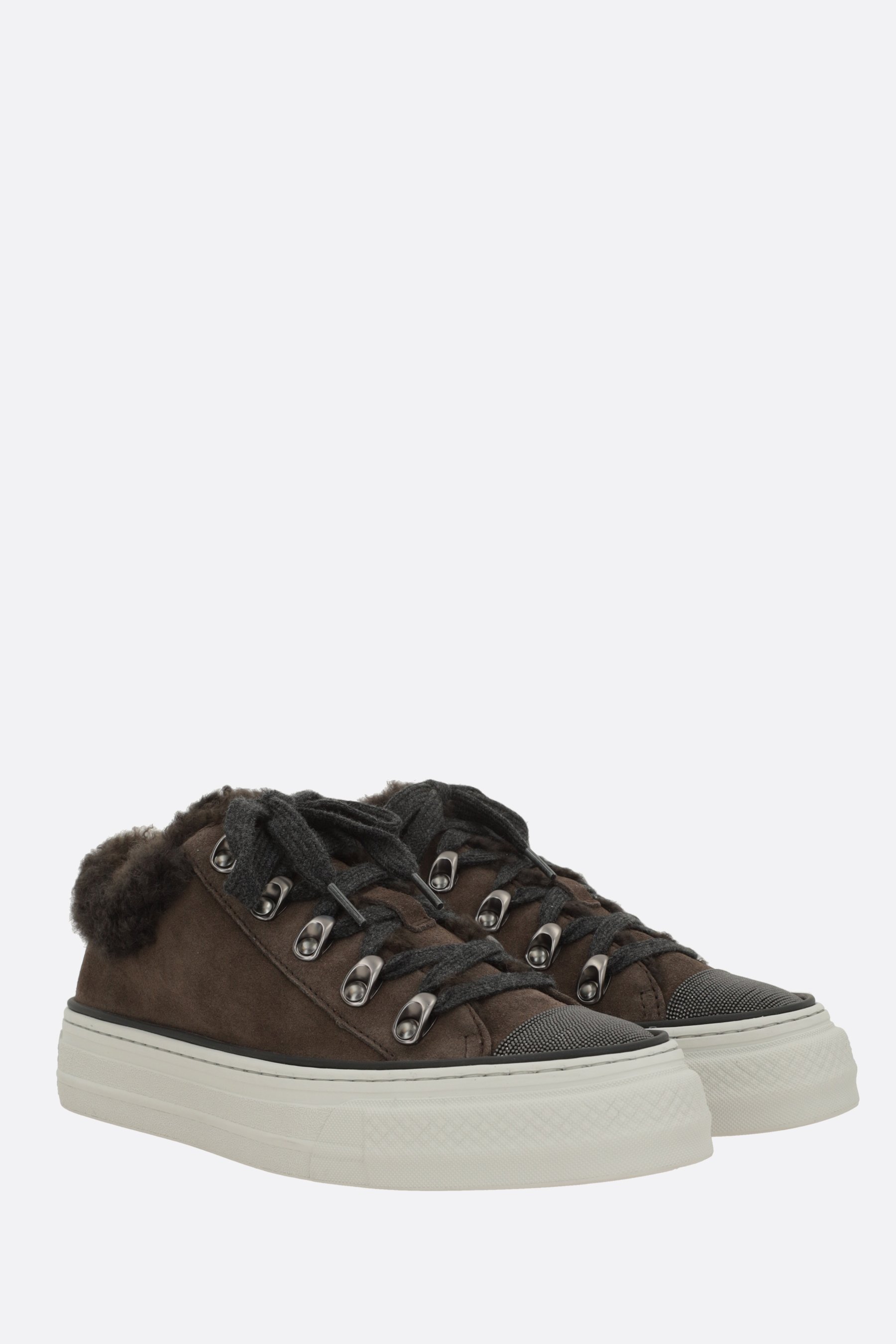 Brunello Cucinelli Shearling-trim Lace-up Sneakers In Brown