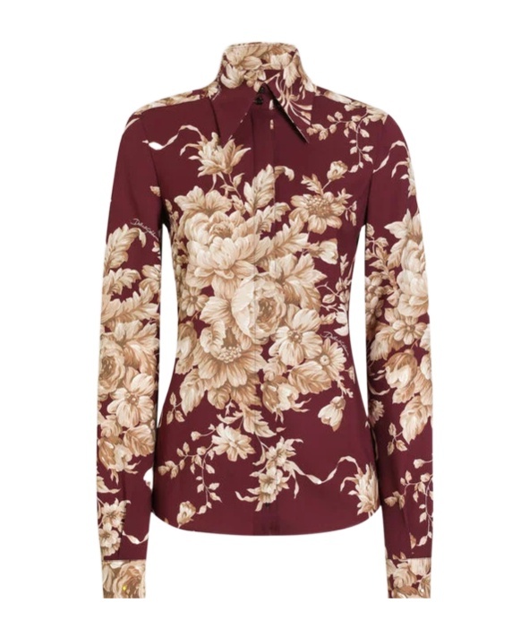 Dolce & Gabbana Rose-print Charmeuse Shirt In Red