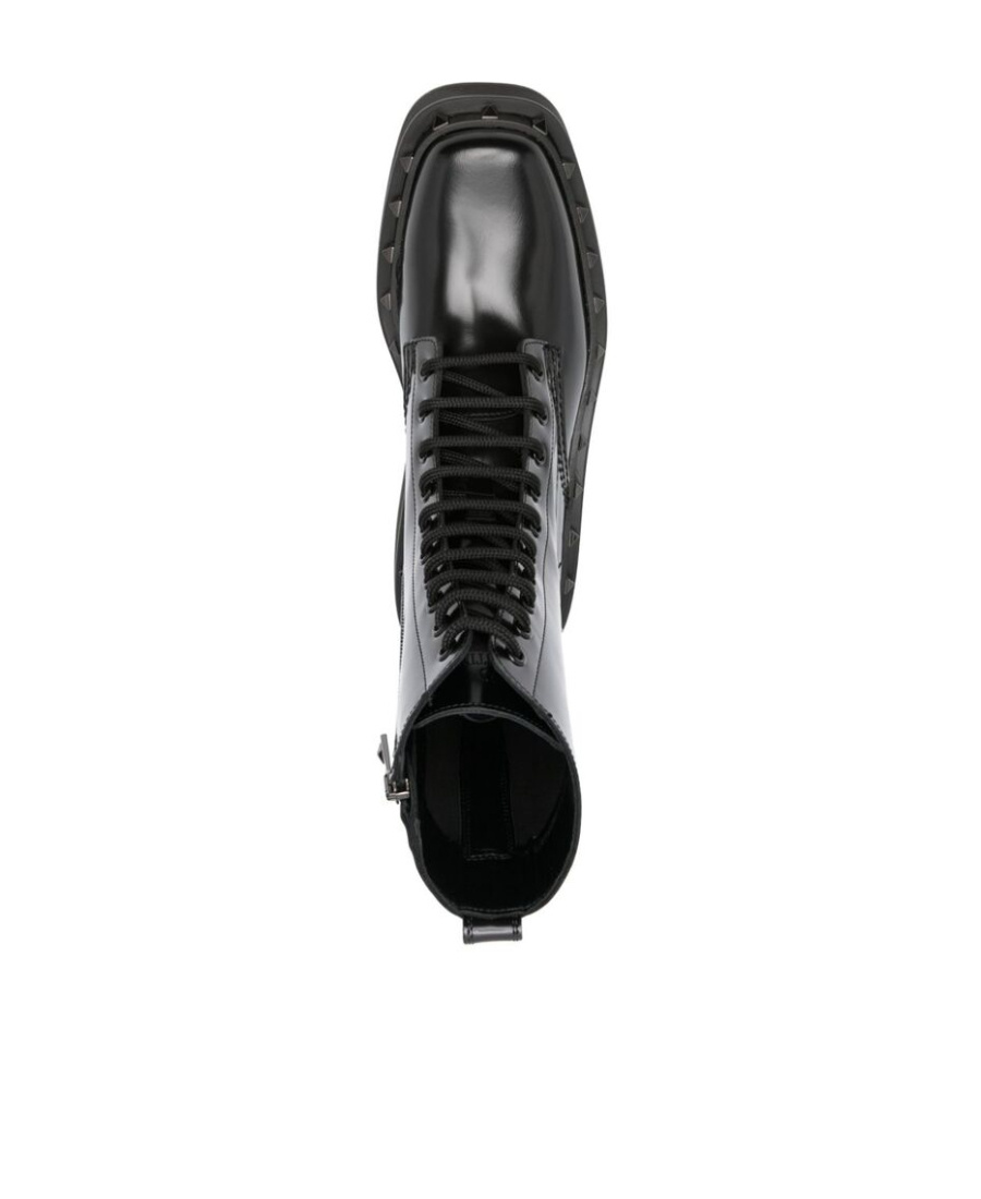 Valentino Rockstud-embellished Leather Lace-up Boots In Black