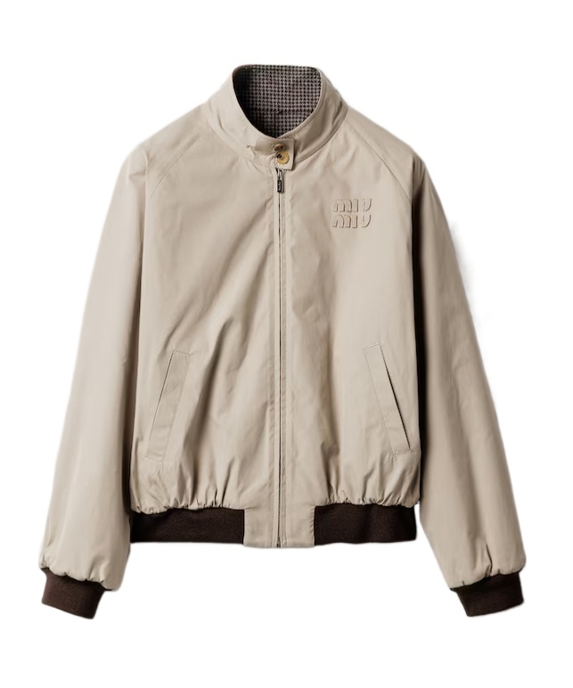 Miu Miu Reversible Houndstooth Check And Panama Cotton Blouson Jacket In Brown