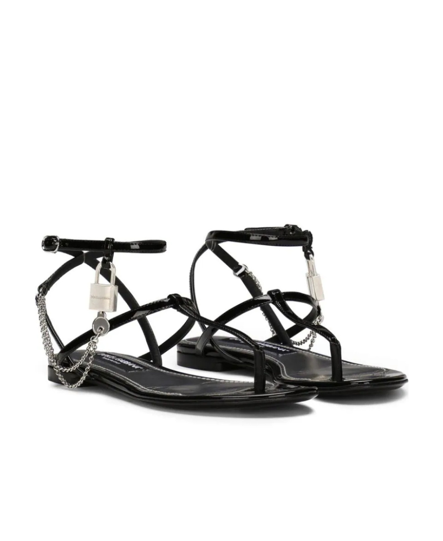 Dolce & Gabbana Padlock Patent-leather Flat Sandals In Black